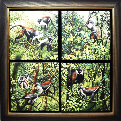24 - PENELOPE FULLJAMES (BRITISH, B. 1949). ROLOWAY MONKEYS. (d) oil on canvas, four panels framed as one... 