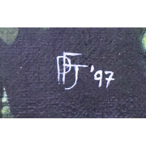 24 - PENELOPE FULLJAMES (BRITISH, B. 1949). ROLOWAY MONKEYS. (d) oil on canvas, four panels framed as one... 