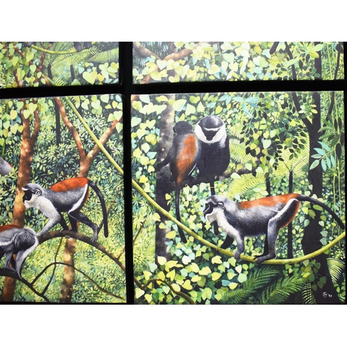 24 - PENELOPE FULLJAMES (BRITISH, B. 1949). ROLOWAY MONKEYS. (d) oil on canvas, four panels framed as one... 