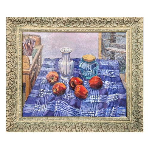 26 - SPANISH IMPRESSIONIST SCHOOL. STILL LIFE WITH APPLES AND VASES. oil on canvas, signed 'Vinyeta', 66c... 