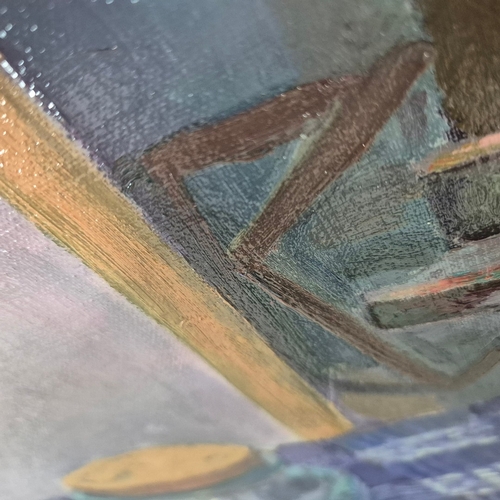 26 - SPANISH IMPRESSIONIST SCHOOL. STILL LIFE WITH APPLES AND VASES. oil on canvas, signed 'Vinyeta', 66c... 