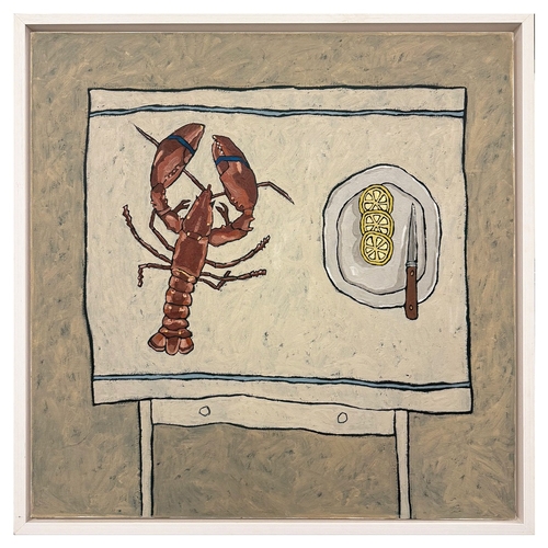 36 - 20TH CENTURY SCHOOL. STILL LIFE WITH LOBSTER AND LEMONS. oil on canvas, 107cm x 107cm, framed.