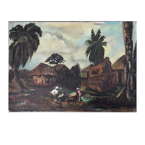 38 - ARMAND (20TH CENTURY POSSIBLY HAITIAN). CARIBBEAN VIEW WITH FIGURES. Oil on Canvas, 43cms x 30cms. s... 