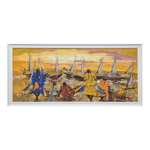 44 - SPANISH SCHOOL (21ST CENTURY). FISHERMAN BY THE SEA. signed by the artist, oil on canvas, 59cm x 157... 