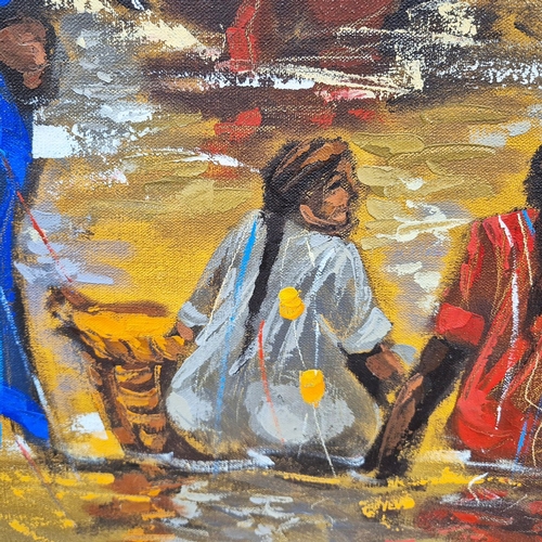 44 - SPANISH SCHOOL (21ST CENTURY). FISHERMAN BY THE SEA. signed by the artist, oil on canvas, 59cm x 157... 