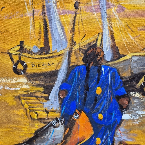 44 - SPANISH SCHOOL (21ST CENTURY). FISHERMAN BY THE SEA. signed by the artist, oil on canvas, 59cm x 157... 