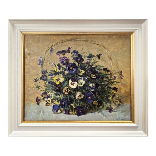 45 - YAKOV KHAIMOV (1914-1991). PANSIES 1950S. oil on board, 40cm x 50cm.