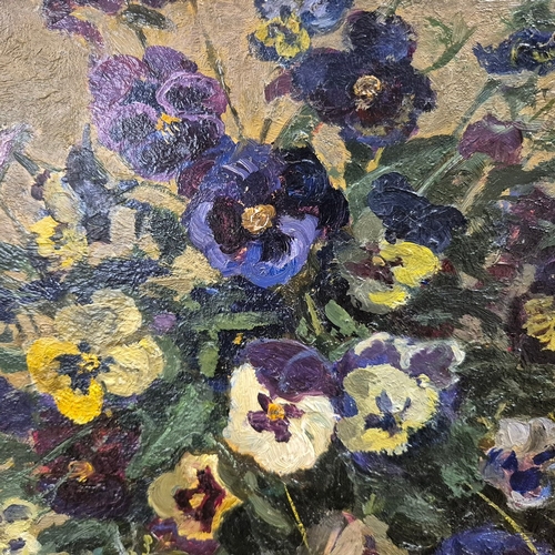 45 - YAKOV KHAIMOV (1914-1991). PANSIES 1950S. oil on board, 40cm x 50cm.