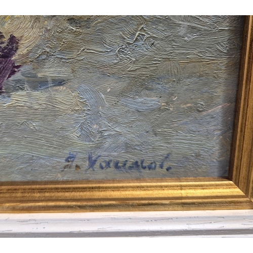 45 - YAKOV KHAIMOV (1914-1991). PANSIES 1950S. oil on board, 40cm x 50cm.