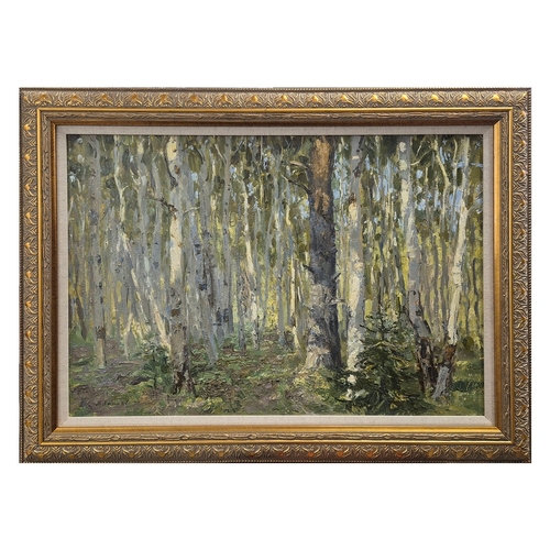 46 - YAKOV KHAIMOV (1914-1991). BIRCH TREES FOREST 1950S. oil on board, 49cm x 69cm.