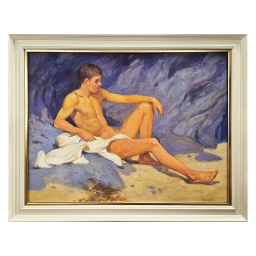47 - ANATOLIY DEMENKO (21ST CENTURY). RELAXING ON THE BEACH. oil on canvas, 60cm x 79.5cm.
