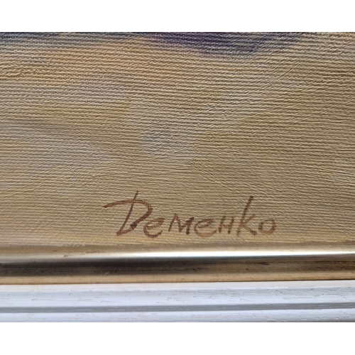 47 - ANATOLIY DEMENKO (21ST CENTURY). RELAXING ON THE BEACH. oil on canvas, 60cm x 79.5cm.