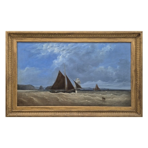 5 - 19TH CENTURY BRITISH SCHOOL. SHIPS IN A STORMY SEA. oil on canvas, indistinctly signed and dated 186... 