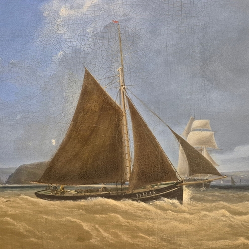 5 - 19TH CENTURY BRITISH SCHOOL. SHIPS IN A STORMY SEA. oil on canvas, indistinctly signed and dated 186... 