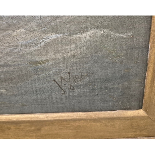 5 - 19TH CENTURY BRITISH SCHOOL. SHIPS IN A STORMY SEA. oil on canvas, indistinctly signed and dated 186... 