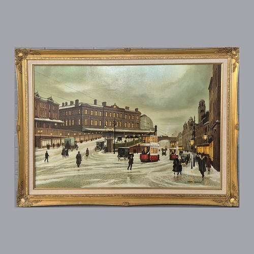 58 - STEVEN SCHOLES. MANCHESTER PICCADILLY STATION. oil on canvas, 75cm x 105cm, framed.