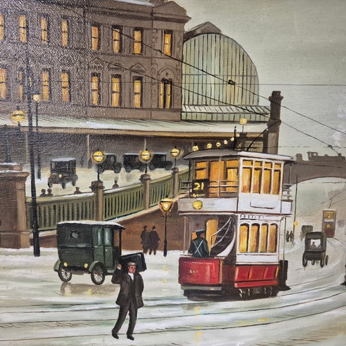 58 - STEVEN SCHOLES. MANCHESTER PICCADILLY STATION. oil on canvas, 75cm x 105cm, framed.