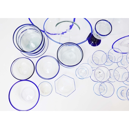 A LARGE COLLECTION OF BLUE RIMMED GLASSWARE (QTY). to include plates ...