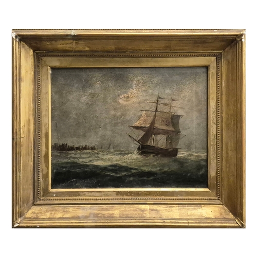 107 - 19TH CENTURY SCHOOL. SHIP IN STORMY SEAS. oil on canvas, 56cm x 67cm, framed.