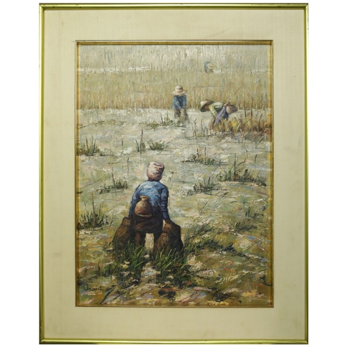 64 - 20TH CENTURY SCHOOL. WORKERS IN THE RICE FIELDS. oil on canvas, 78cm x 62cm, framed.