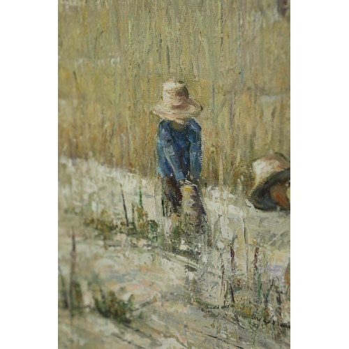 64 - 20TH CENTURY SCHOOL. WORKERS IN THE RICE FIELDS. oil on canvas, 78cm x 62cm, framed.