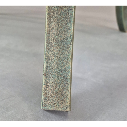 695 - PIERRE VANDAL COFFEE TABLE. the oval glass top on a verdigris base 80cm w x 46cm d x 136cm w.