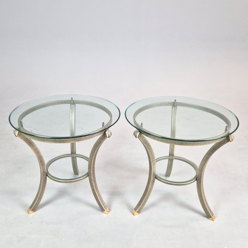 696 - PIERRE VANDAL SIDE TABLES, A PAIR. with circular glass tops on verdigris bases each 60cm w x 62cm t.
