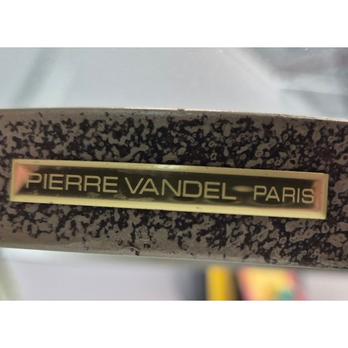 696 - PIERRE VANDAL SIDE TABLES, A PAIR. with circular glass tops on verdigris bases each 60cm w x 62cm t.