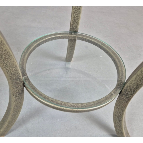696 - PIERRE VANDAL SIDE TABLES, A PAIR. with circular glass tops on verdigris bases each 60cm w x 62cm t.