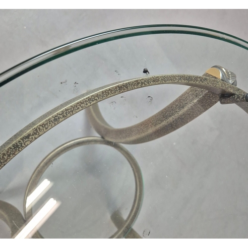 696 - PIERRE VANDAL SIDE TABLES, A PAIR. with circular glass tops on verdigris bases each 60cm w x 62cm t.