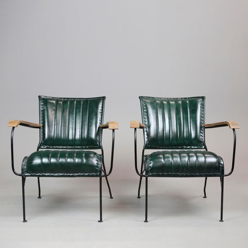 722 - PAIR OF ARMCHAIRS WITH STITCHED GREEN FAUX LEATHER UPHOLSTERY. 76cm H x 65cm W x 70cm D.
