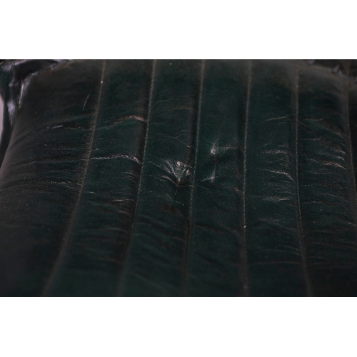 722 - PAIR OF ARMCHAIRS WITH STITCHED GREEN FAUX LEATHER UPHOLSTERY. 76cm H x 65cm W x 70cm D.