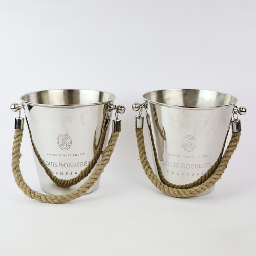 729 - PAIR OF POLISHED METAL CHAMPAGNE COOLERS WITH ROPE HANDLES. 20cm H x 24cm W.