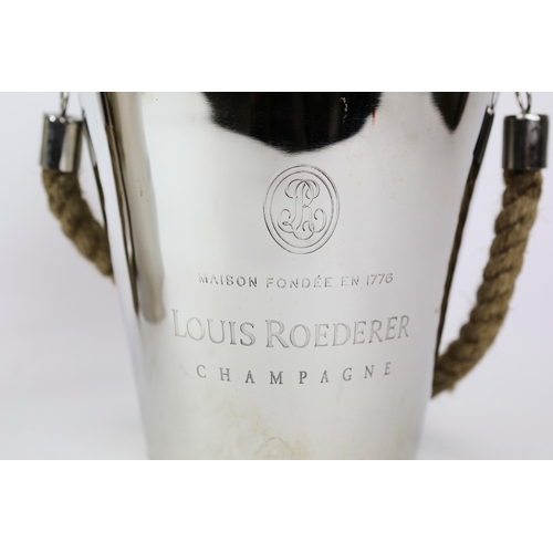 729 - PAIR OF POLISHED METAL CHAMPAGNE COOLERS WITH ROPE HANDLES. 20cm H x 24cm W.