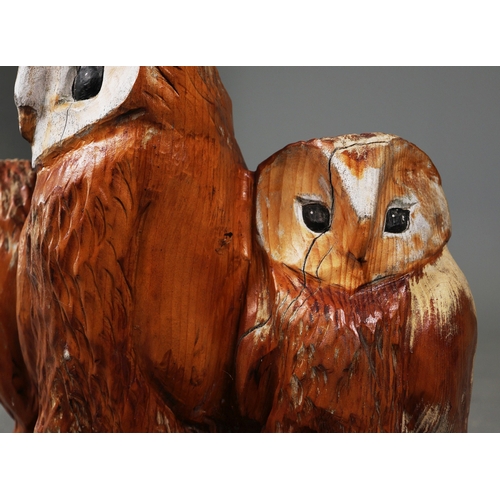 745 - CONTEMPORARY SCHOOL SCULPTURL OWL FAMILY. carved wood, painted detail, 62cm H approx.