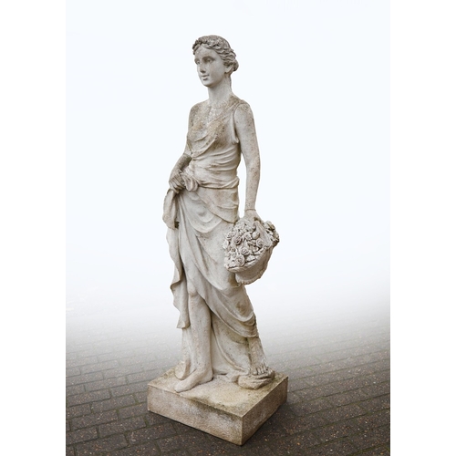 747 - CONTEMPORARY SCHOOL SCULPTURAL LADY WITH BASKET OF FLOWERS. composite stone.