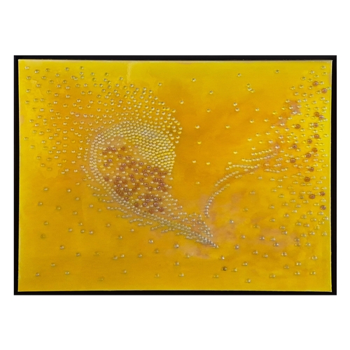 75 - ABSTRACT NATURE STUDY. oil lacquer and glass droplets on canvas, framed, 100 x 120 cm.