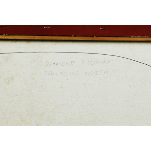 16 - RAYMOND DELANEY (20TH CENTURY AUSTRALIAN ABORIGINAL). TRAVELLING NORTH. oil on canvas, 29cm x 80cm.