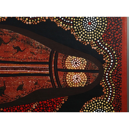 16 - RAYMOND DELANEY (20TH CENTURY AUSTRALIAN ABORIGINAL). TRAVELLING NORTH. oil on canvas, 29cm x 80cm.