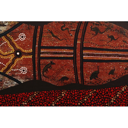 16 - RAYMOND DELANEY (20TH CENTURY AUSTRALIAN ABORIGINAL). TRAVELLING NORTH. oil on canvas, 29cm x 80cm.