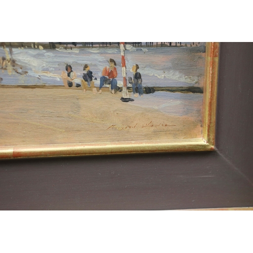 18 - RICHARD FOSTER (B. 1945). BEACH SCENE WITH FIGURES. (d) oil on board, 36cm x 46cm, framed. (Subject ... 