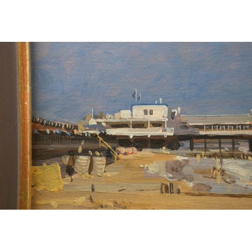 18 - RICHARD FOSTER (B. 1945). BEACH SCENE WITH FIGURES. (d) oil on board, 36cm x 46cm, framed. (Subject ... 