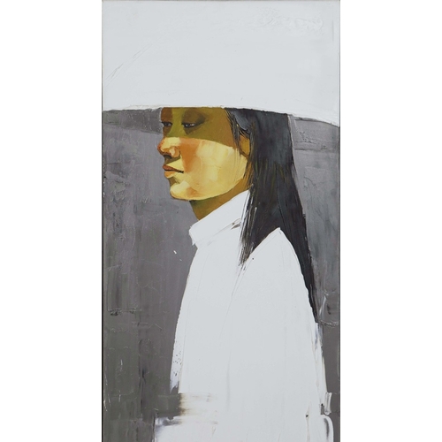 29 - LIM KHIM KATY (VIETNAMESE B. 1978). FIGURES (4). a set of four oils on canvas, each 150cm x 30cm.