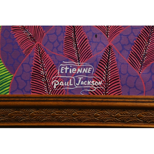 30 - ETIENNE PAUL JACKSON (HAITIAN SCHOOL). JUNGLE LANDSCAPE. oil on canvas, 75cm x 99cm, framed.