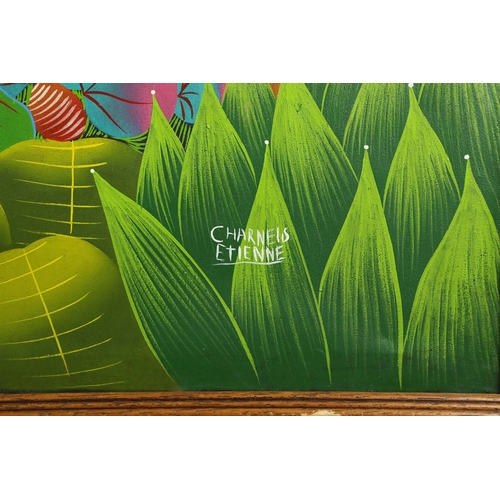 31 - CHARNELS ETIENNE (HAITIAN SCHOOL). JUNGLE LANDSCAPE. oil on canvas, 75cm x 99cm, framed.