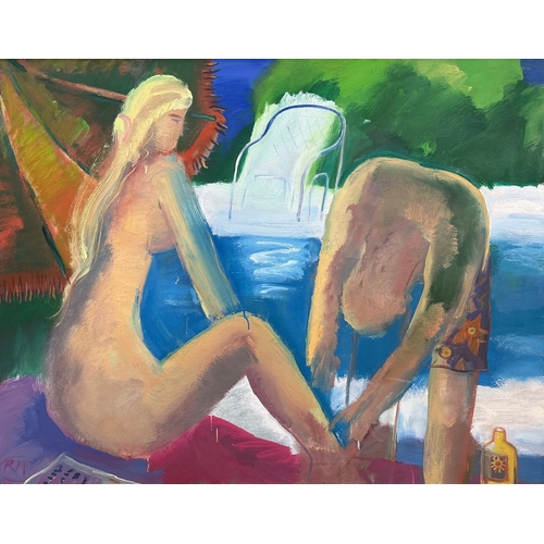 32 - RAY MCCHRYSTAL (20TH CENTURY BRITISH). POOLSIDE. oil on canvas, 106cm x 132cm, framed.