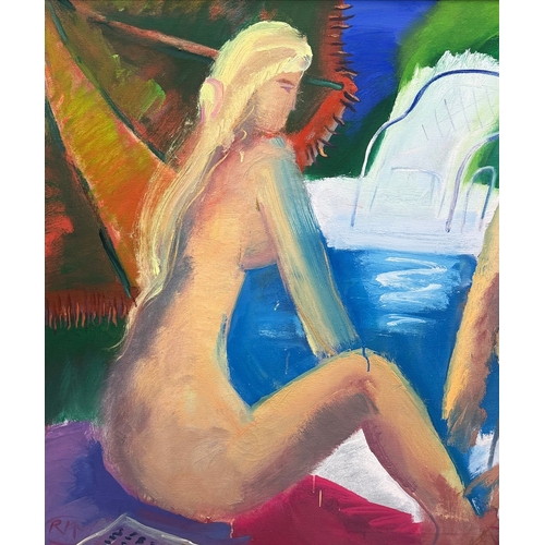 32 - RAY MCCHRYSTAL (20TH CENTURY BRITISH). POOLSIDE. oil on canvas, 106cm x 132cm, framed.