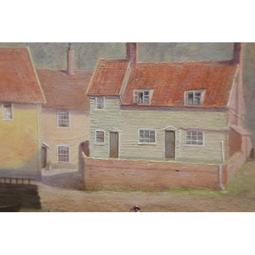 54 - W.E.P. (20TH CENTURY). FIGURES WITH BOATS ON THE SHORE. oil on canvas, The Coln Gallery label verso,... 