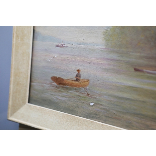 54 - W.E.P. (20TH CENTURY). FIGURES WITH BOATS ON THE SHORE. oil on canvas, The Coln Gallery label verso,... 