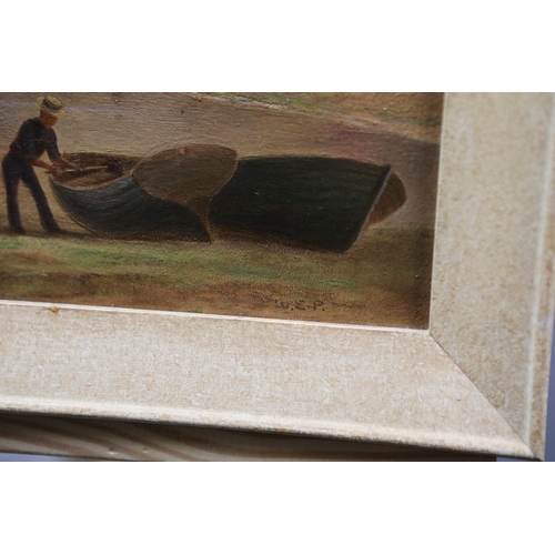 54 - W.E.P. (20TH CENTURY). FIGURES WITH BOATS ON THE SHORE. oil on canvas, The Coln Gallery label verso,... 
